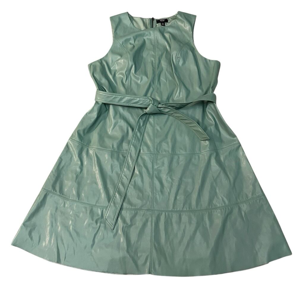 Simply Vera Faux Leather Midi Dress XXL Sage Green Belted Flared Tiered Career